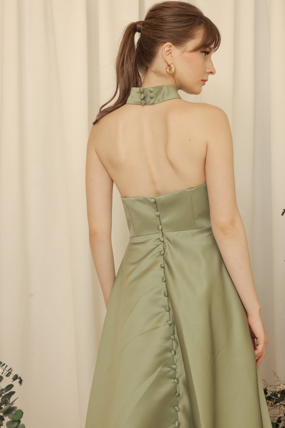 BRIELLE Curve Neckline Midi Dress with Full Covered Button Back and Tie Neckpiece (Olive Duchess Satin)