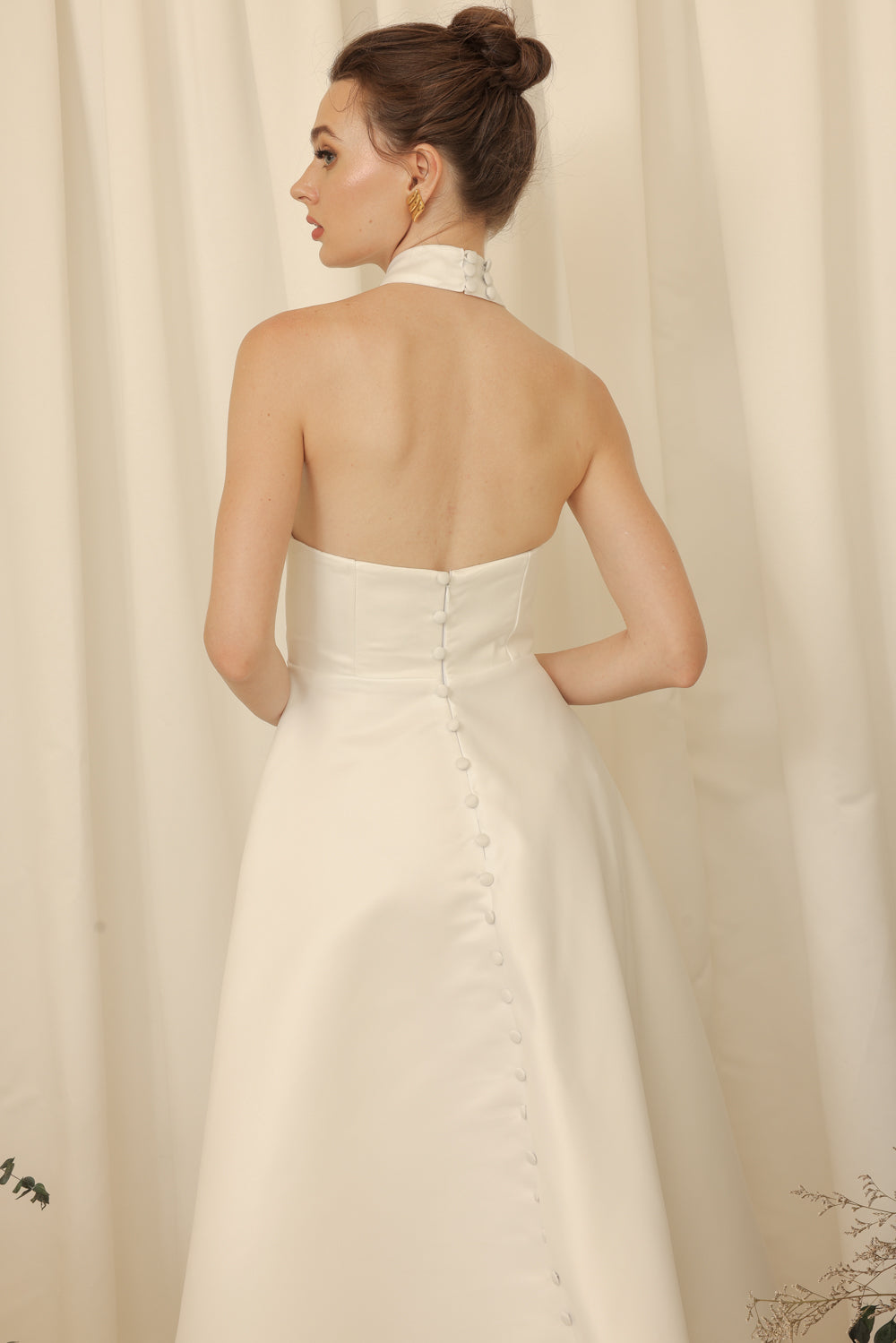 BRIELLE Curve Neckline Midi Dress with Full Covered Button Back and Tie Neckpiece (Ivory White Duchess Satin)