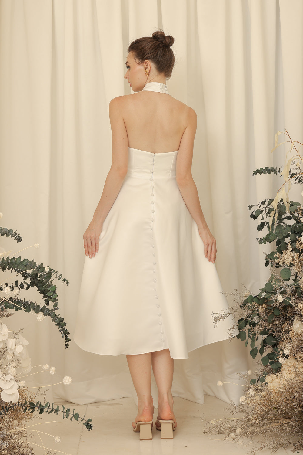 BRIELLE Curve Neckline Midi Dress with Full Covered Button Back and Tie Neckpiece (Ivory White Duchess Satin)