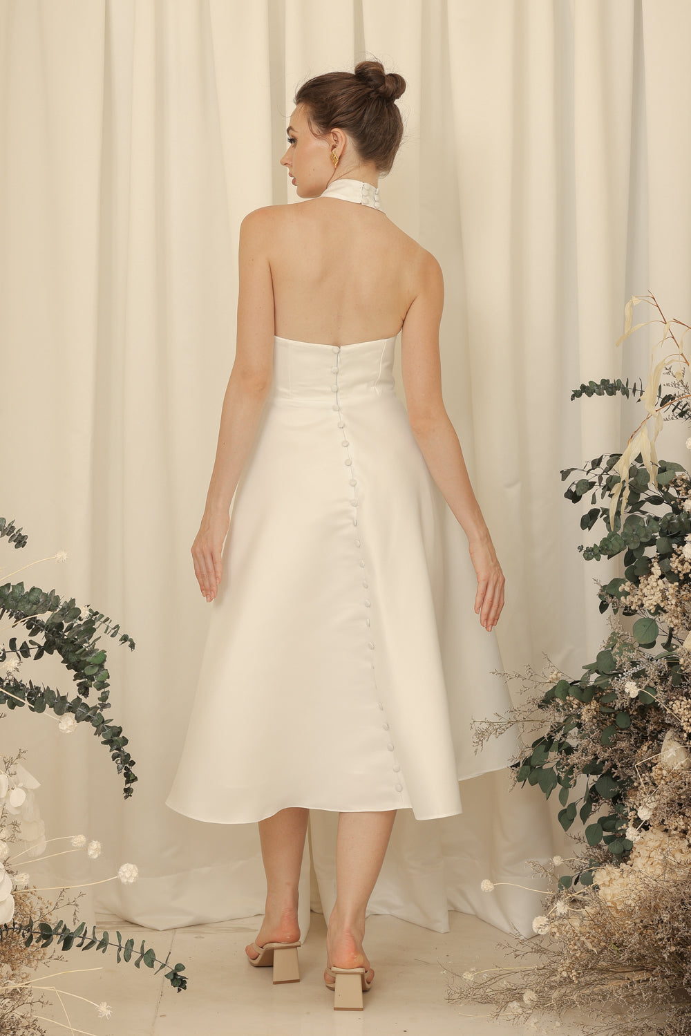 BRIELLE Curve Neckline Midi Dress with Full Covered Button Back and Tie Neckpiece (Ivory White Duchess Satin)