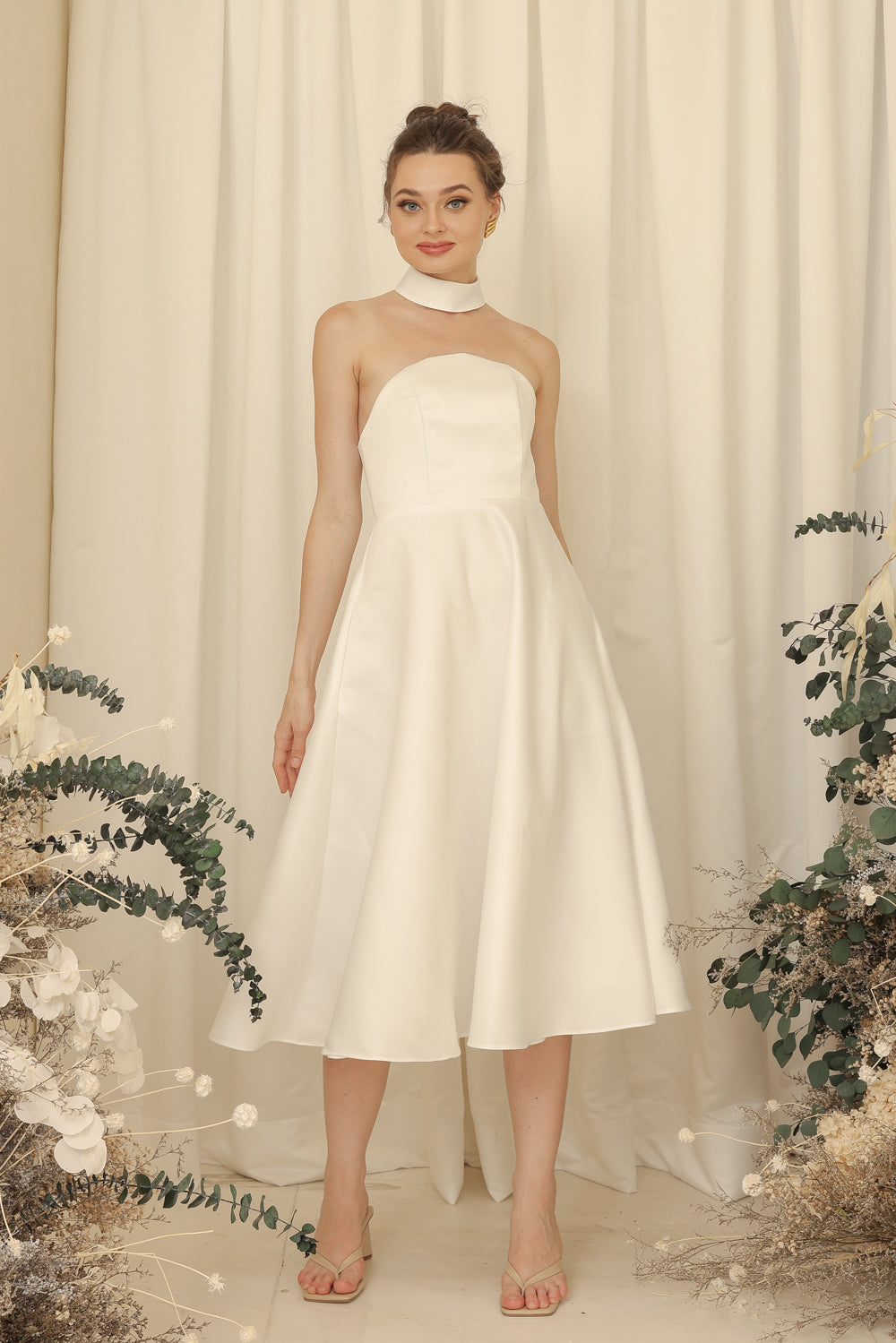 BRIELLE Curve Neckline Midi Dress with Full Covered Button Back and Tie Neckpiece Ivory White Duchess Satin