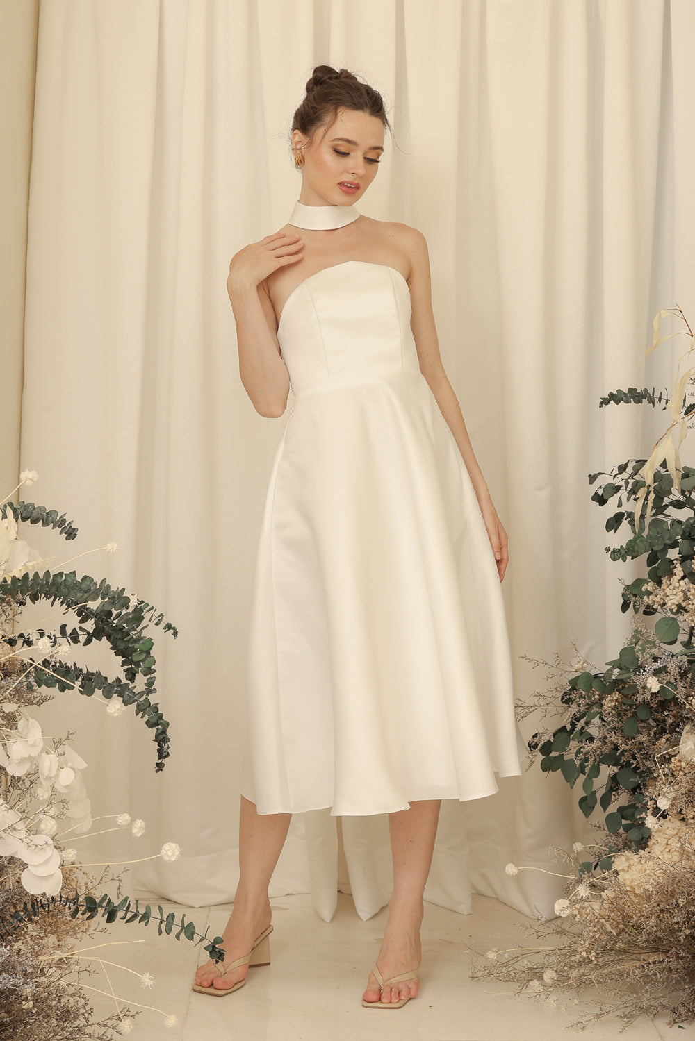 BRIELLE Curve Neckline Midi Dress with Full Covered Button Back and Tie Neckpiece (Ivory White Duchess Satin)