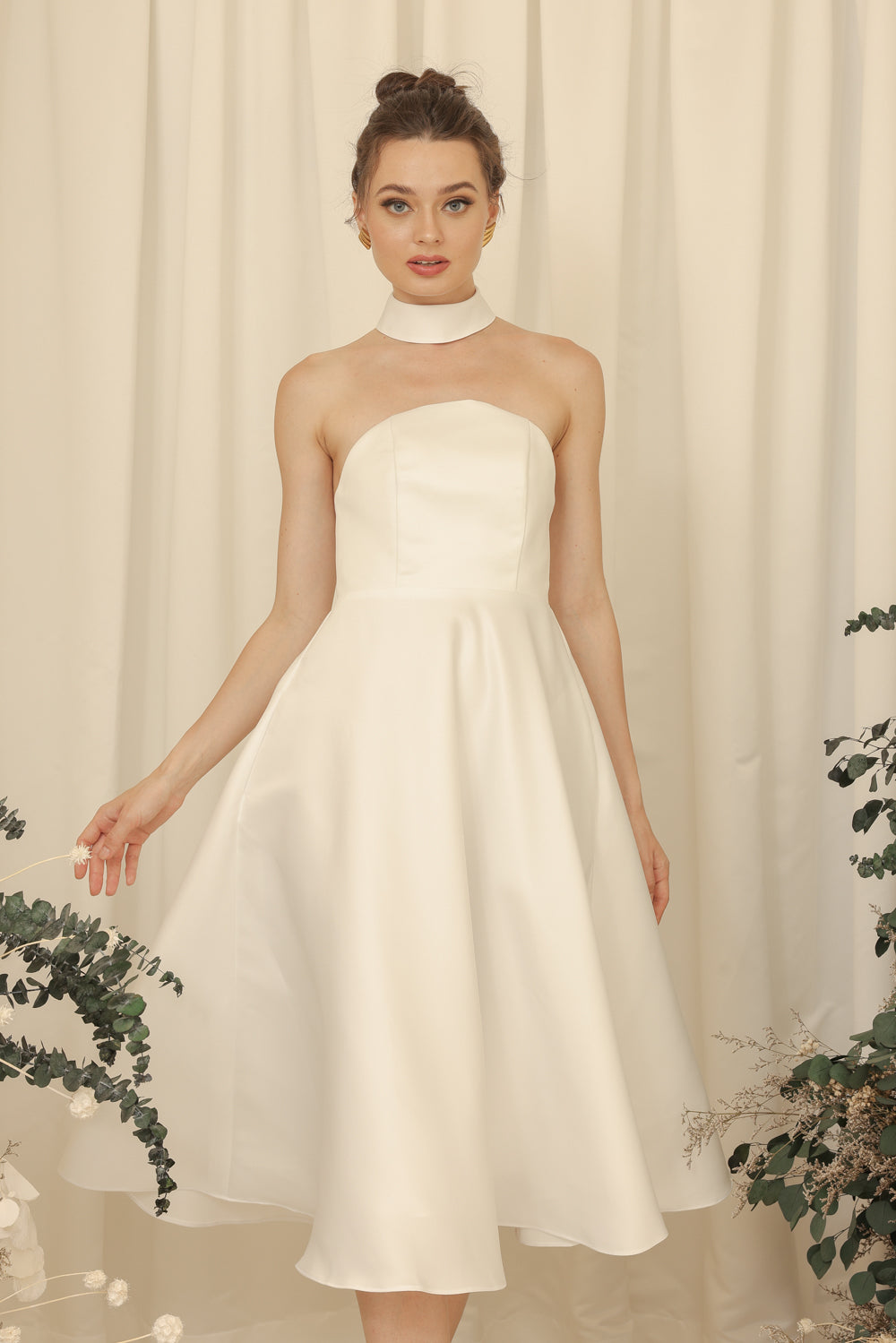 BRIELLE Curve Neckline Midi Dress with Full Covered Button Back and Tie Neckpiece (Ivory White Duchess Satin)