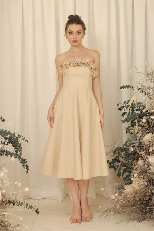 ANTHEA Curve Neckline Midi Dress with Full Floral Details on Neckline (Light Nude Linen Blend)