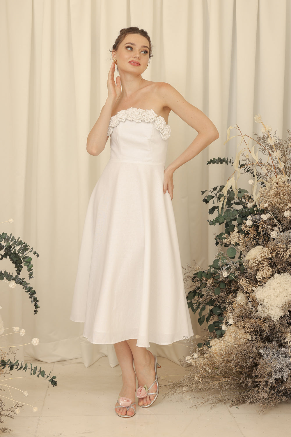 ANTHEA Curve Neckline Midi Dress with Full Floral Details on Neckline (Ivory White Linen Blend)