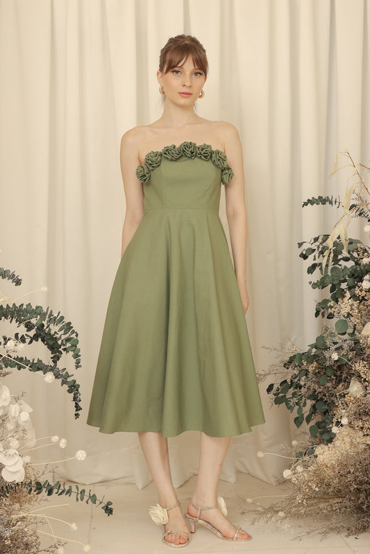 ANTHEA Curve Neckline Midi Dress with Full Floral Details on Neckline (Olive Linen Blend)