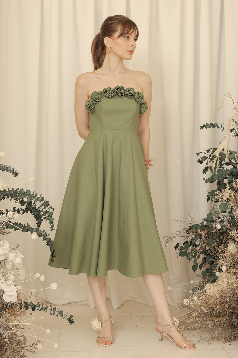 ANTHEA Curve Neckline Midi Dress with Full Floral Details on Neckline (Olive Linen Blend)