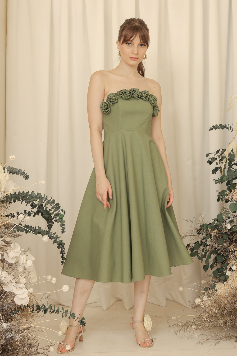 ANTHEA Curve Neckline Midi Dress with Full Floral Details on Neckline (Olive Linen Blend)