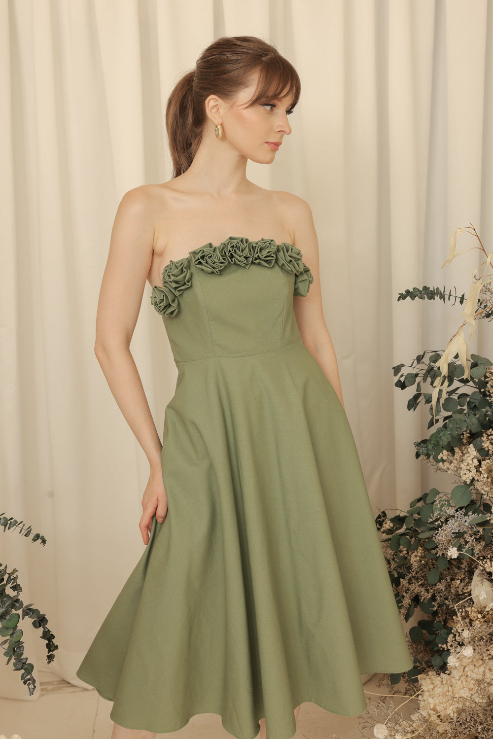 ANTHEA Curve Neckline Midi Dress with Full Floral Details on Neckline (Olive Linen Blend)