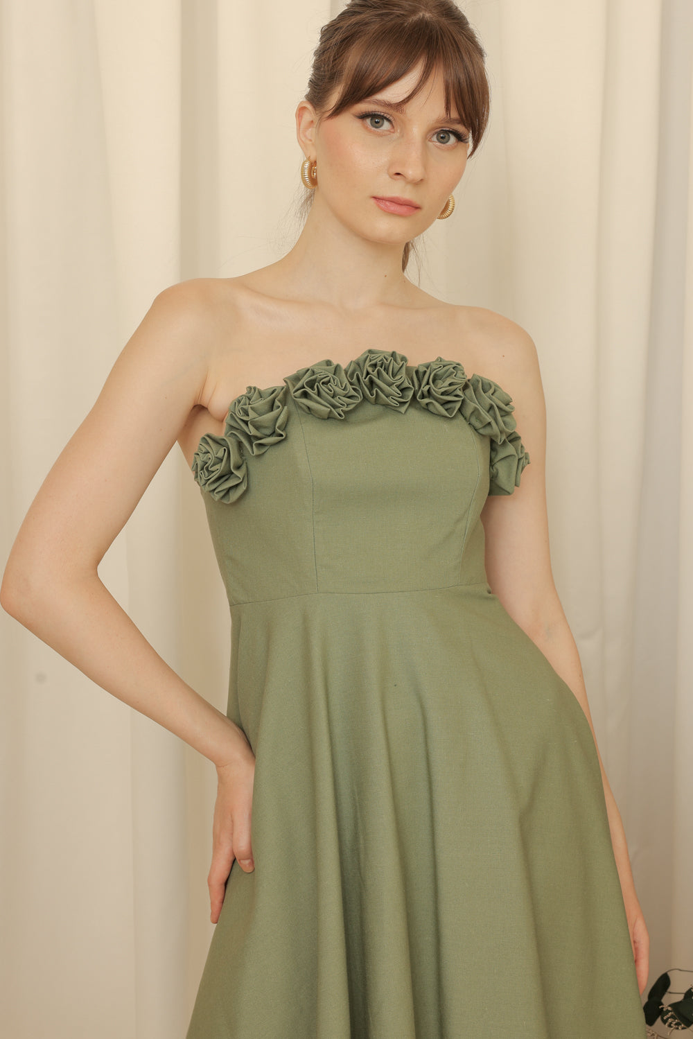 ANTHEA Curve Neckline Midi Dress with Full Floral Details on Neckline (Olive Linen Blend)