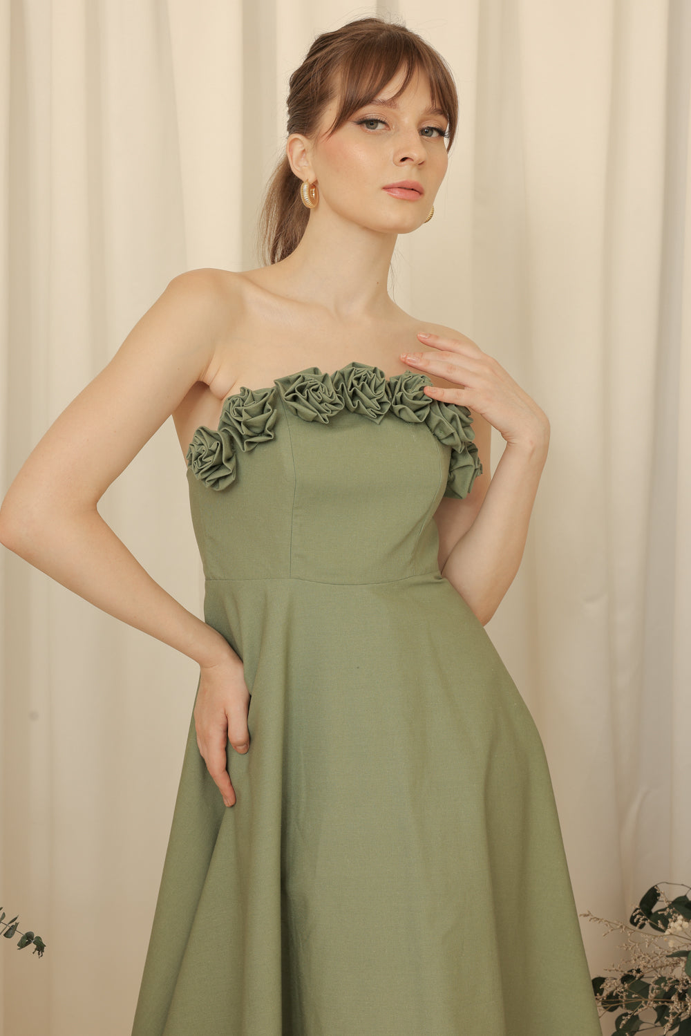 ANTHEA Curve Neckline Midi Dress with Full Floral Details on Neckline (Olive Linen Blend)