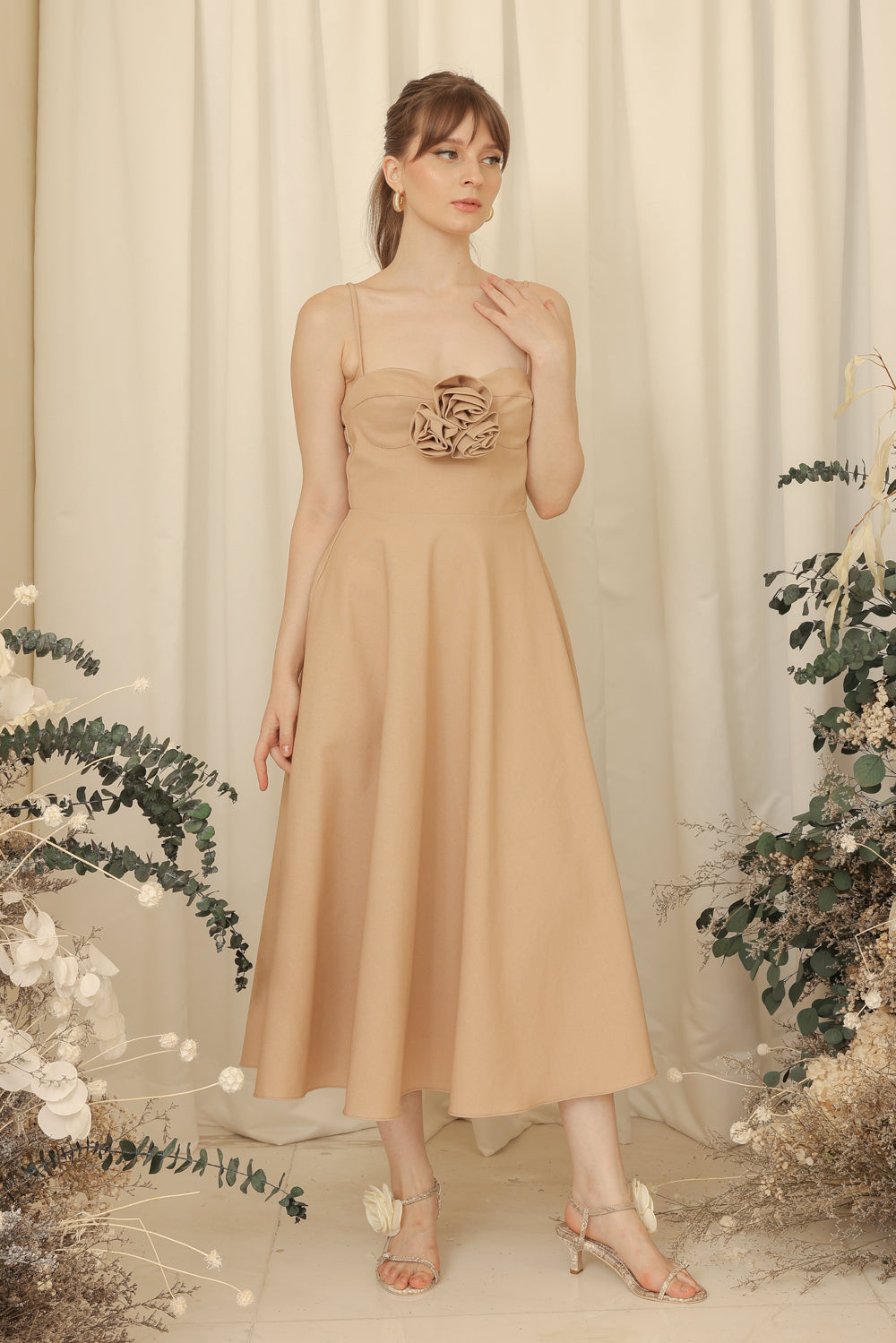 AIMEE Strappy Midi Dress with Pockets and Trio Floral Detail (Light Tan Linen Blend)