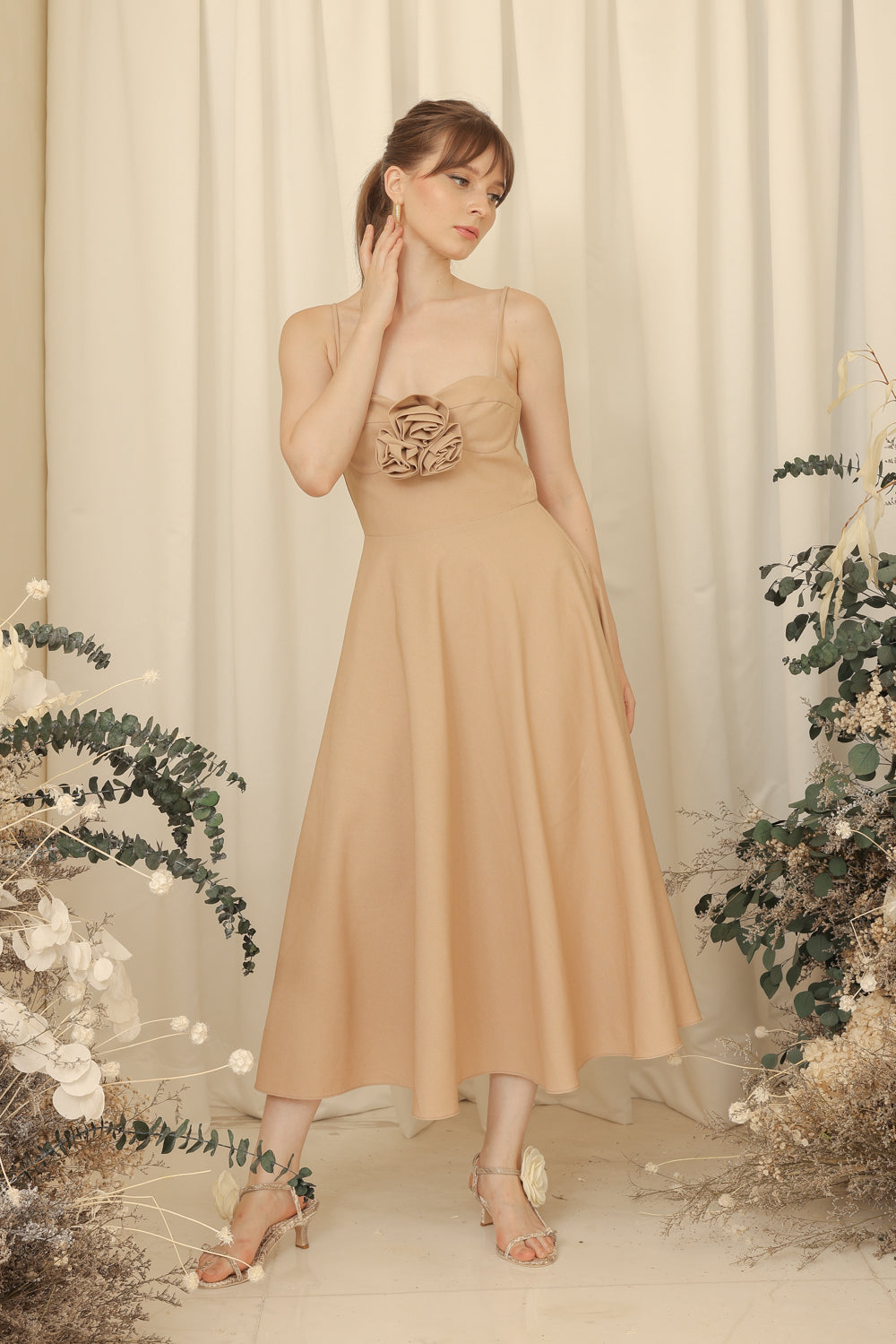 AIMEE Strappy Midi Dress with Pockets and Trio Floral Detail (Light Tan Linen Blend)