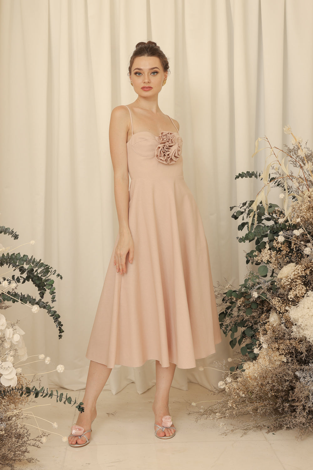 AIMEE Strappy Midi Dress with Pockets and Trio Floral Detail (Blush Linen Blend)