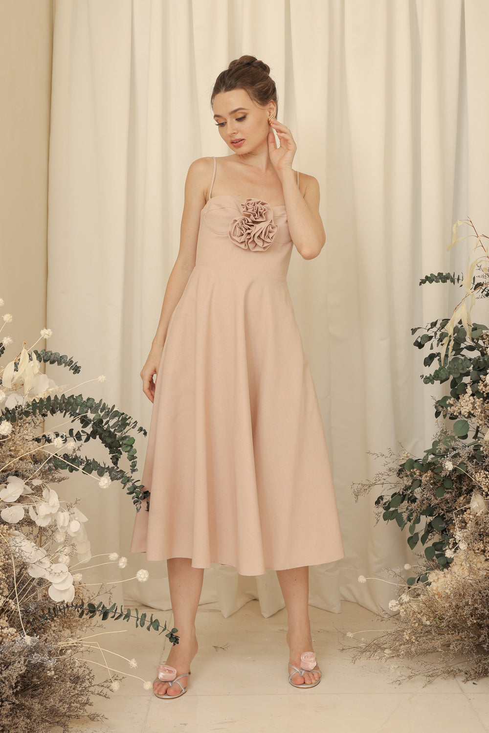 AIMEE Strappy Midi Dress with Pockets and Trio Floral Detail (Blush Linen Blend)