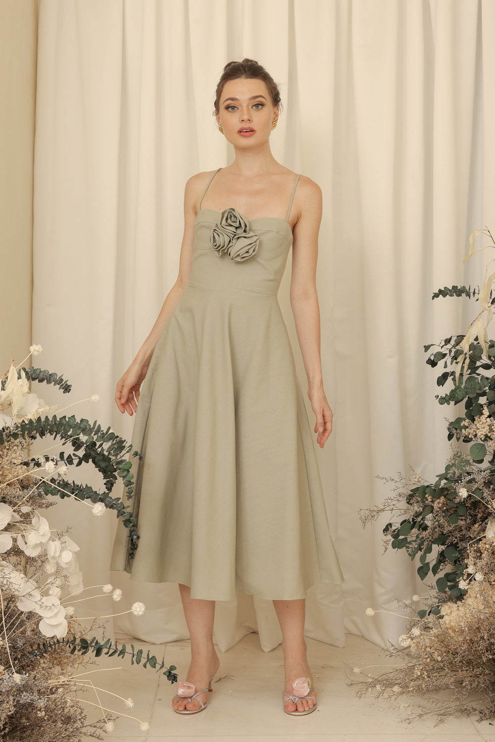 AIMEE Strappy Midi Dress with Pockets and Trio Floral Detail (Light Sage Linen Blend)