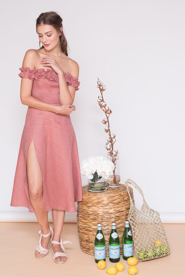MEXICO Ruffled Off Shoulder Midi Dress with Slit (Old Rose Crepe) – Zoo ...