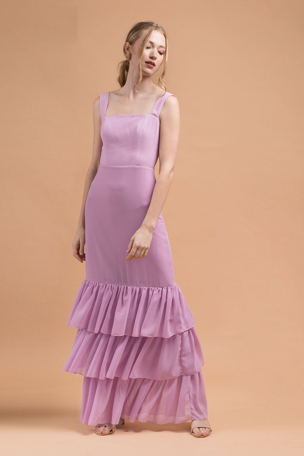 TIJUANA Layered Ruffle Maxi Dress with Thick Straps (Lilac Chiffon