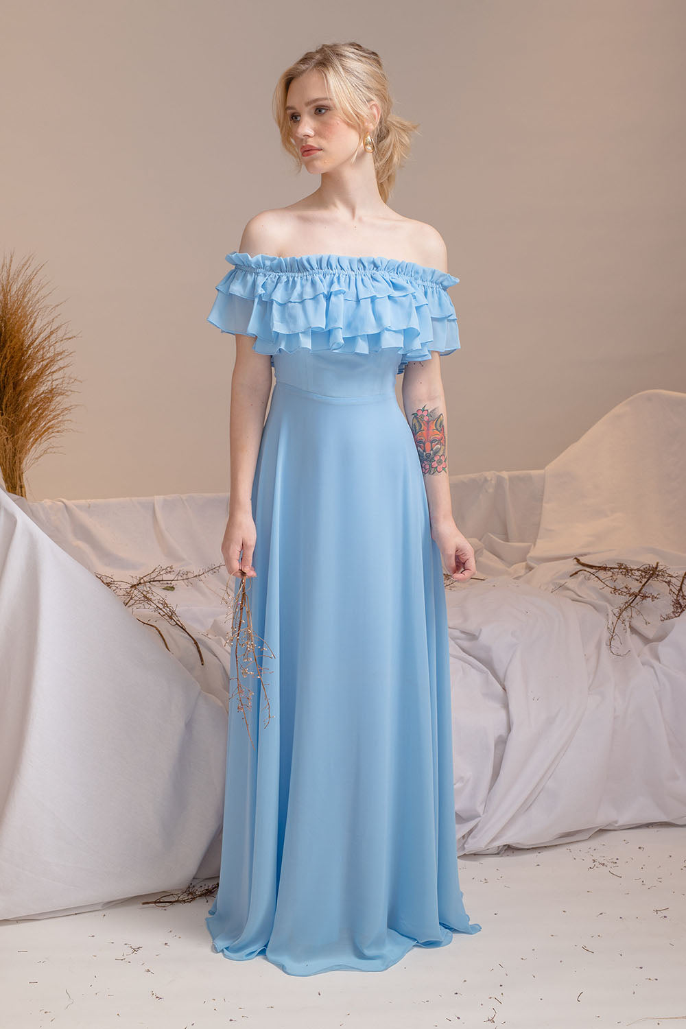 MAGDALENA Two Way Off Shoulder Chiffon Maxi Dress with Layered Ruffle Zoo Label