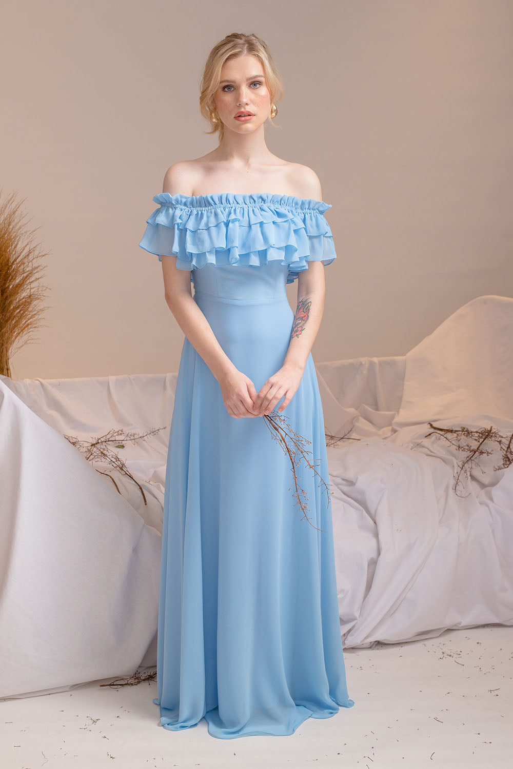 Light blue off the shoulder hot sale ruffle dress