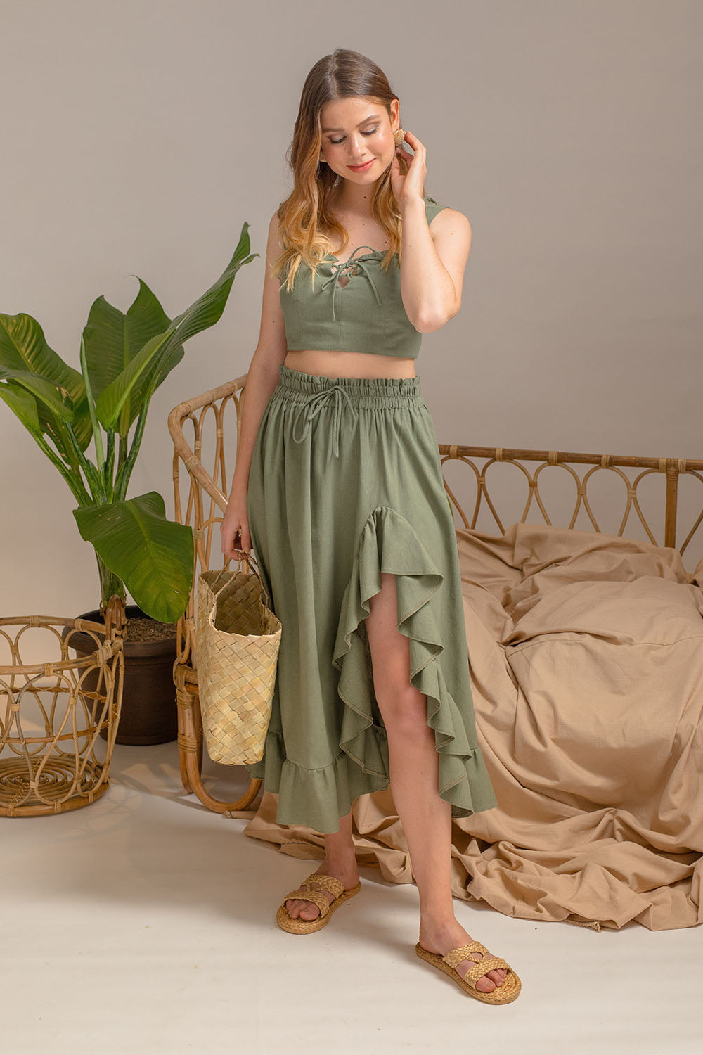 TULUM SET Crop Top with Mini Ruffle Detail and Garterize Ruffled Skirt Olive Linen