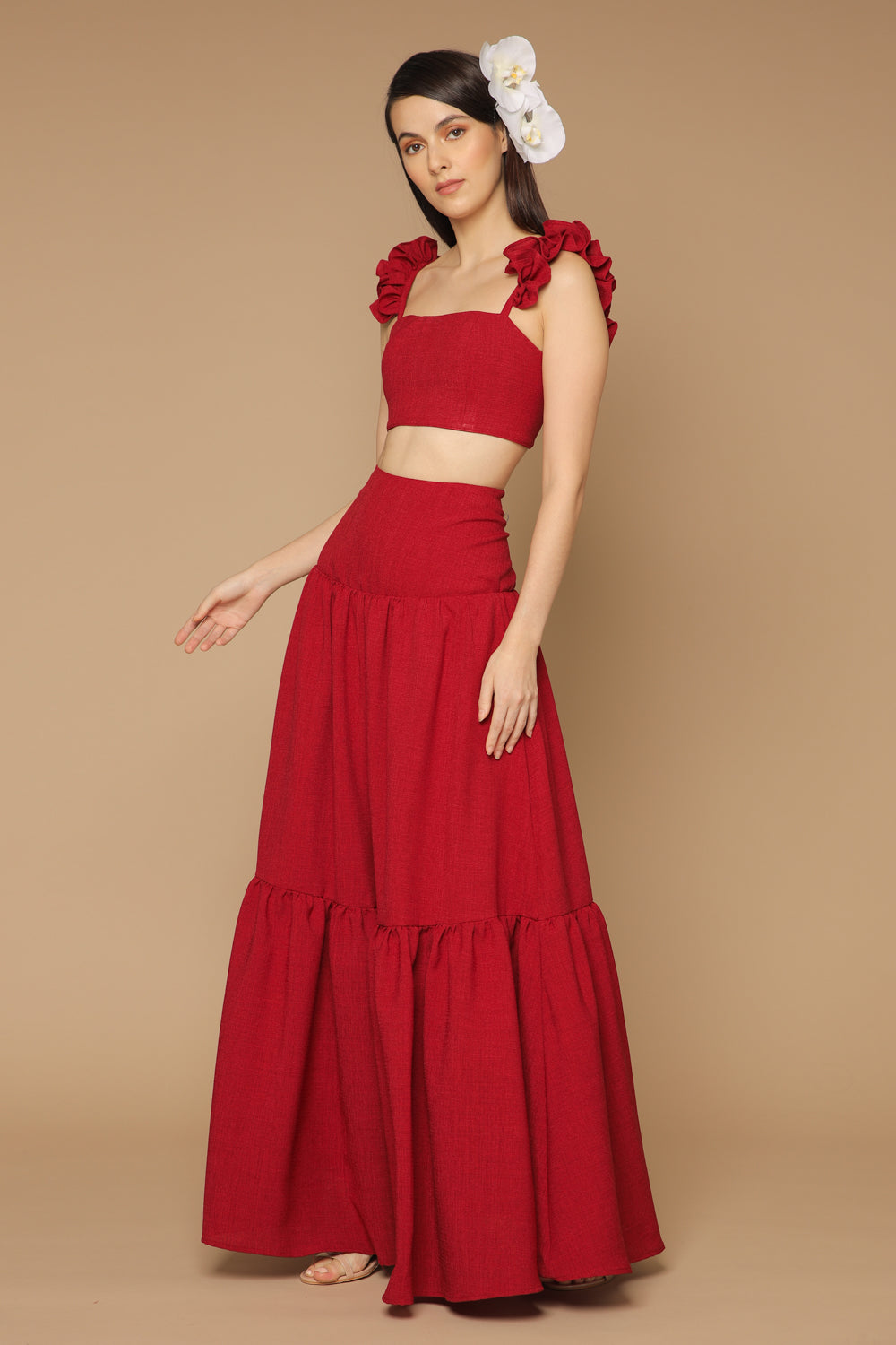 GUADA DRESS Crop Ruffle Top and High Waist Shirred Maxi Skirt Maroon Zoo Label