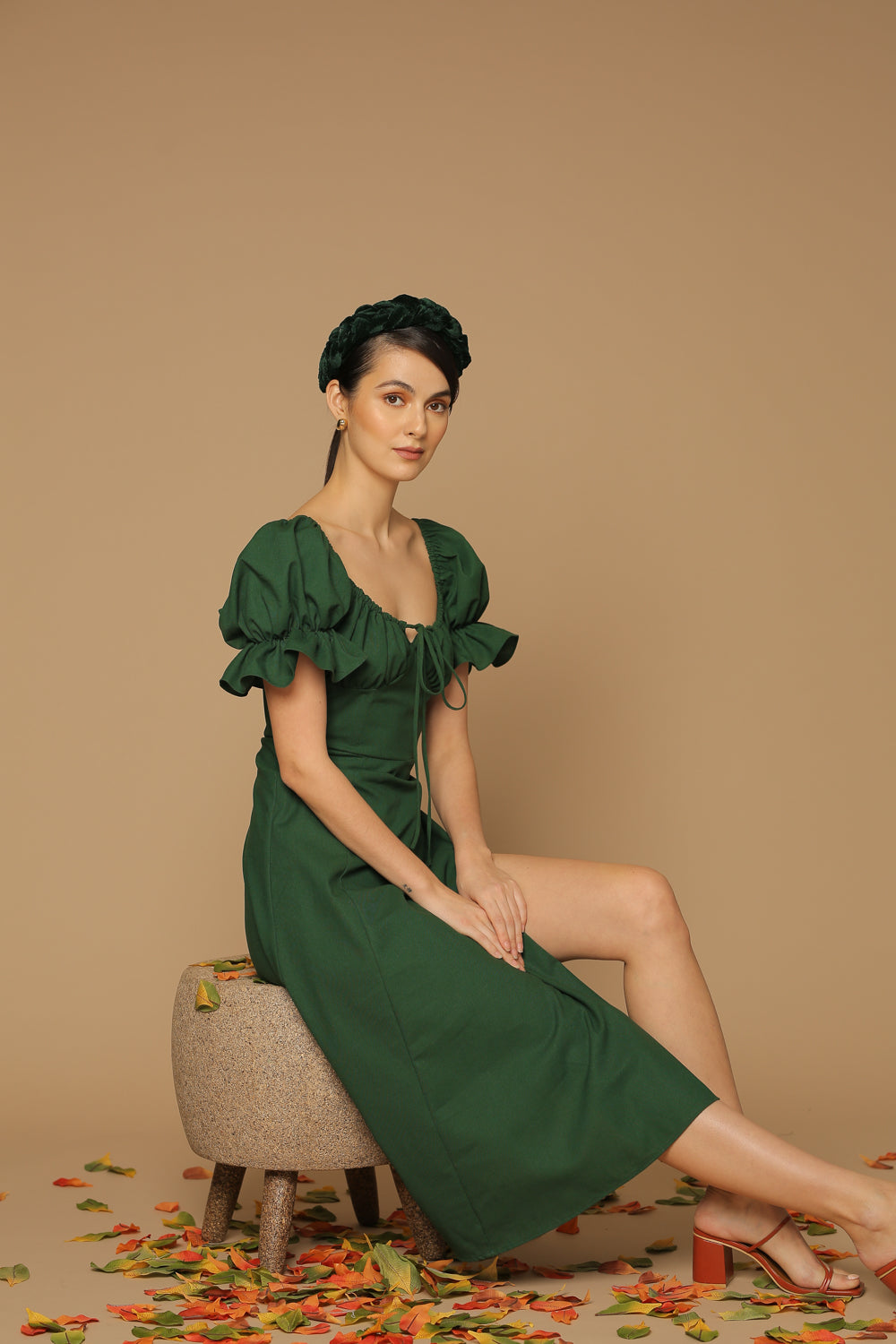 FERNANDA Puff Sleeve Midi Dress with Frill and Drawstring Detail and High Slit (Hunter Green Crepe)