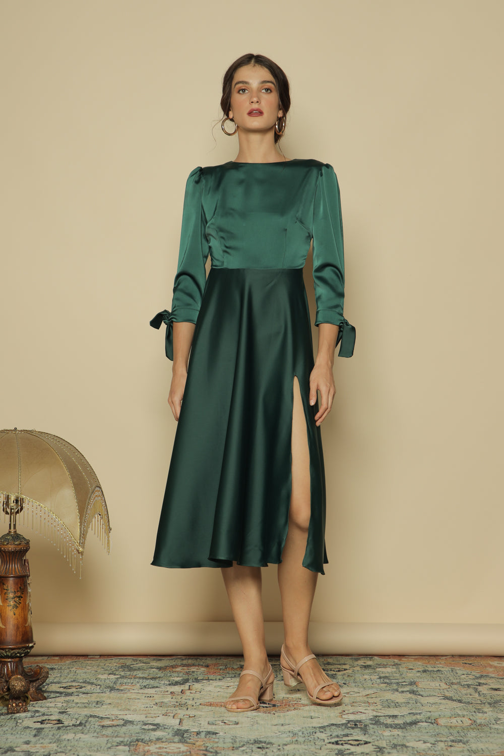 CORALIE Longsleeve Midi Dress with Slit Skirt and Tie on Wrist (Emerald Green Silk) CORALIE Longsleeve Midi Dress with Slit Skirt and Tie on Wrist (Emerald Green Silk)
