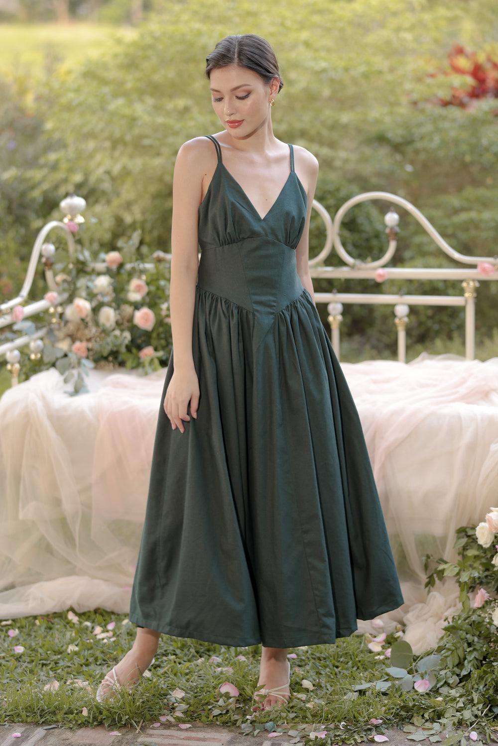 CONCETTA Baroque Style Midi Dress (Moss Green Linen) CONCETTA Baroque Style Midi Dress (Moss Green Linen)