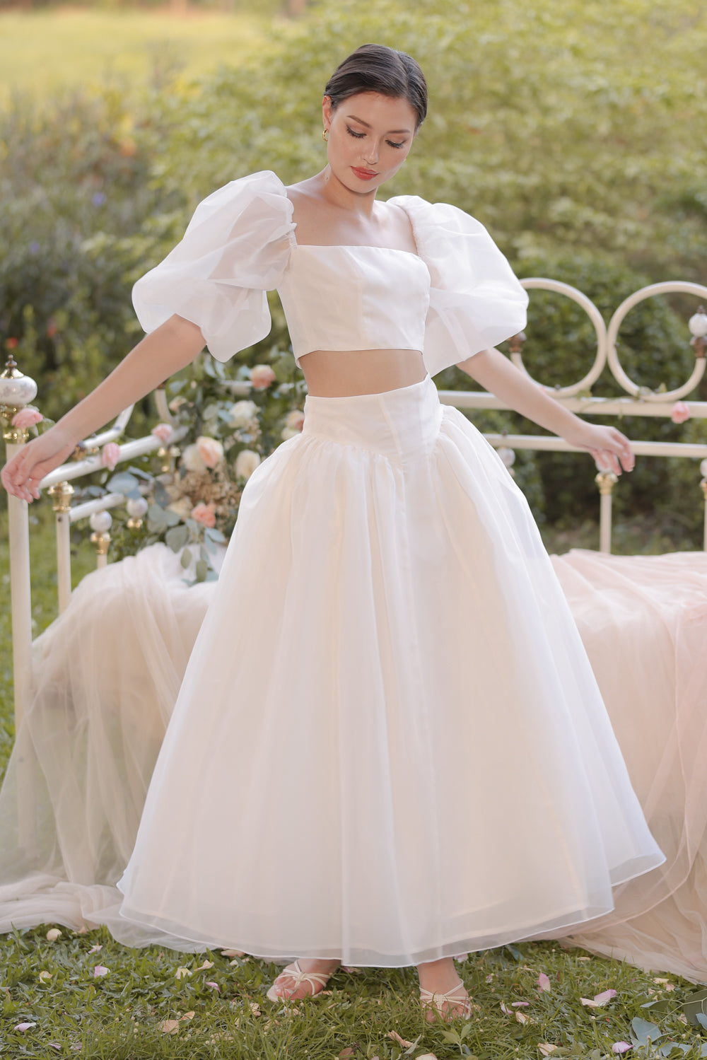 PERLA SET Puff Sleeve Top with Baroque Style High Waist Midi Skirt (Iv ...