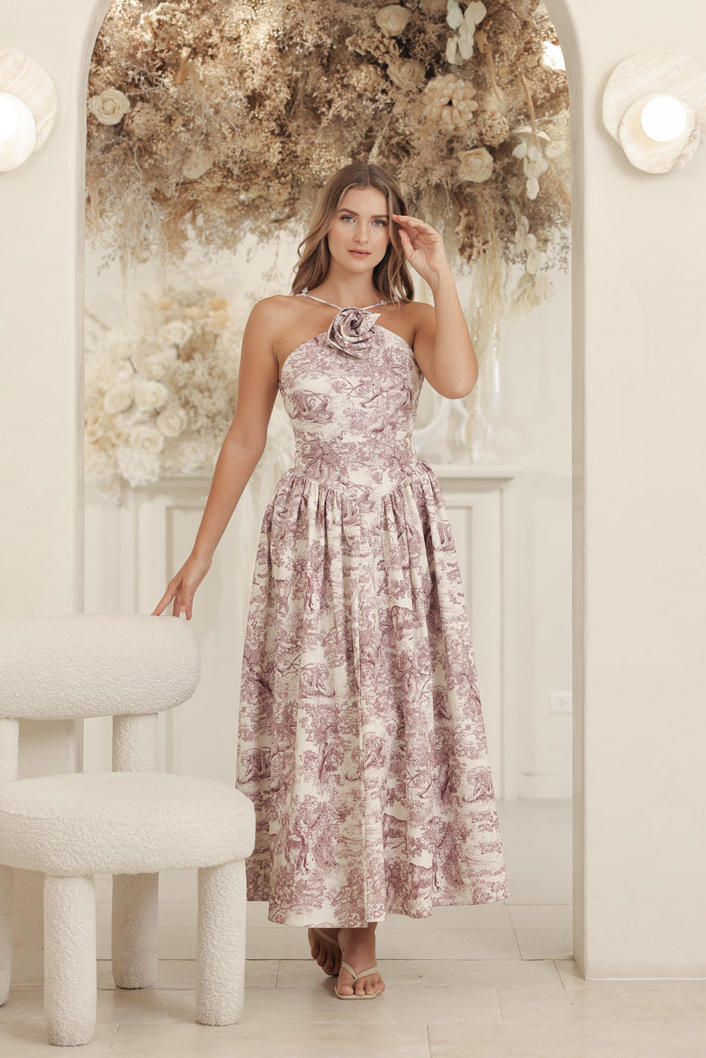 CELESTE Sleeveless Baroque Style Waist Midi Dress with Floral Detail o ...