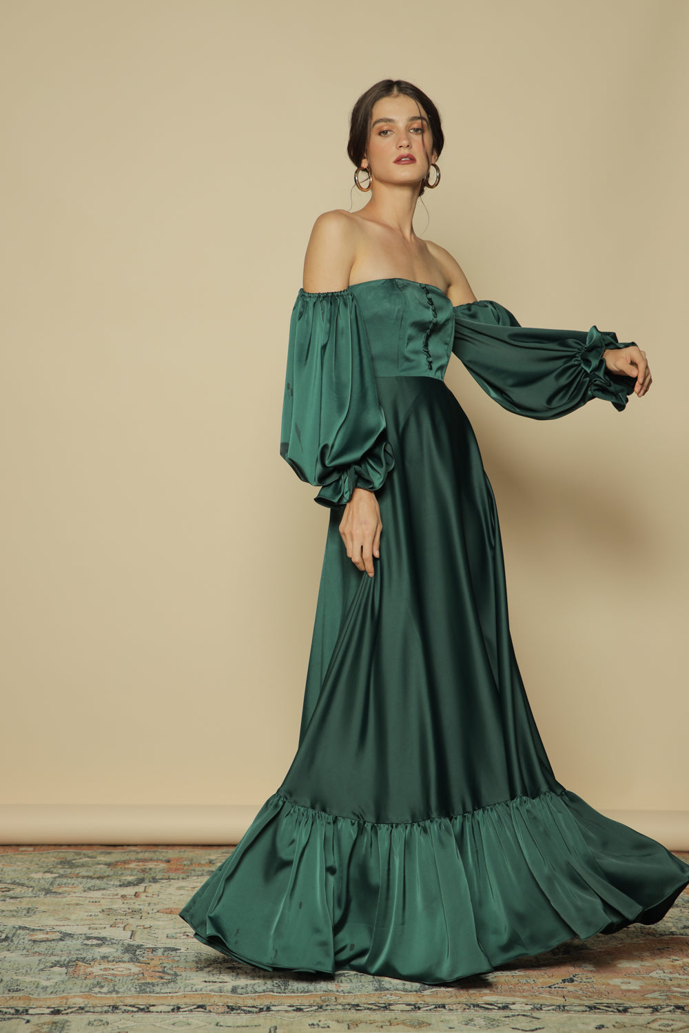 FIRA Two Way Puff Sleeve Maxi Dress with Covered Buttons and Square Neckline (Emerald Green Silk)