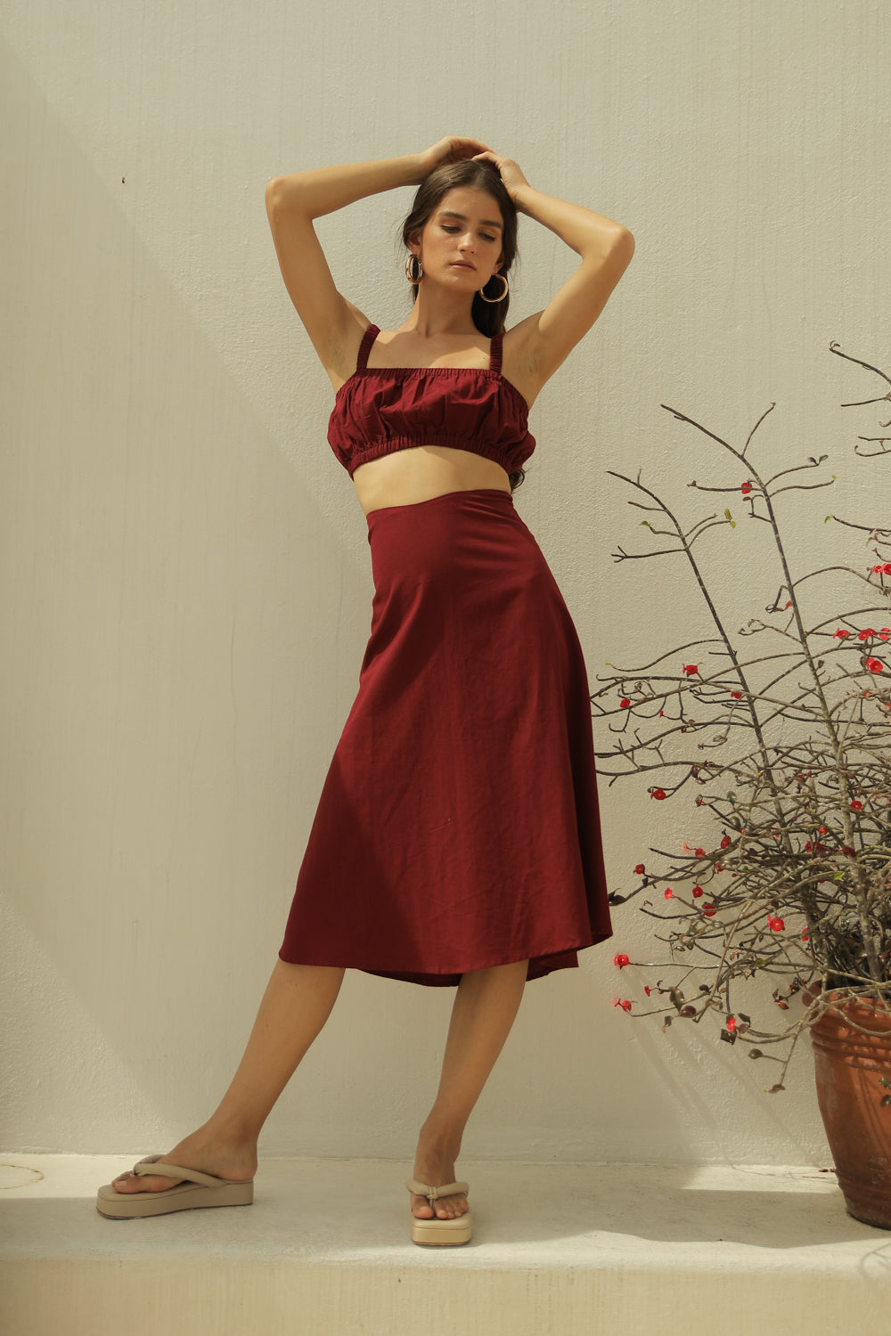 AGNES SET Gathered Crop Top with Midi Skirt (Maroon Linen)
