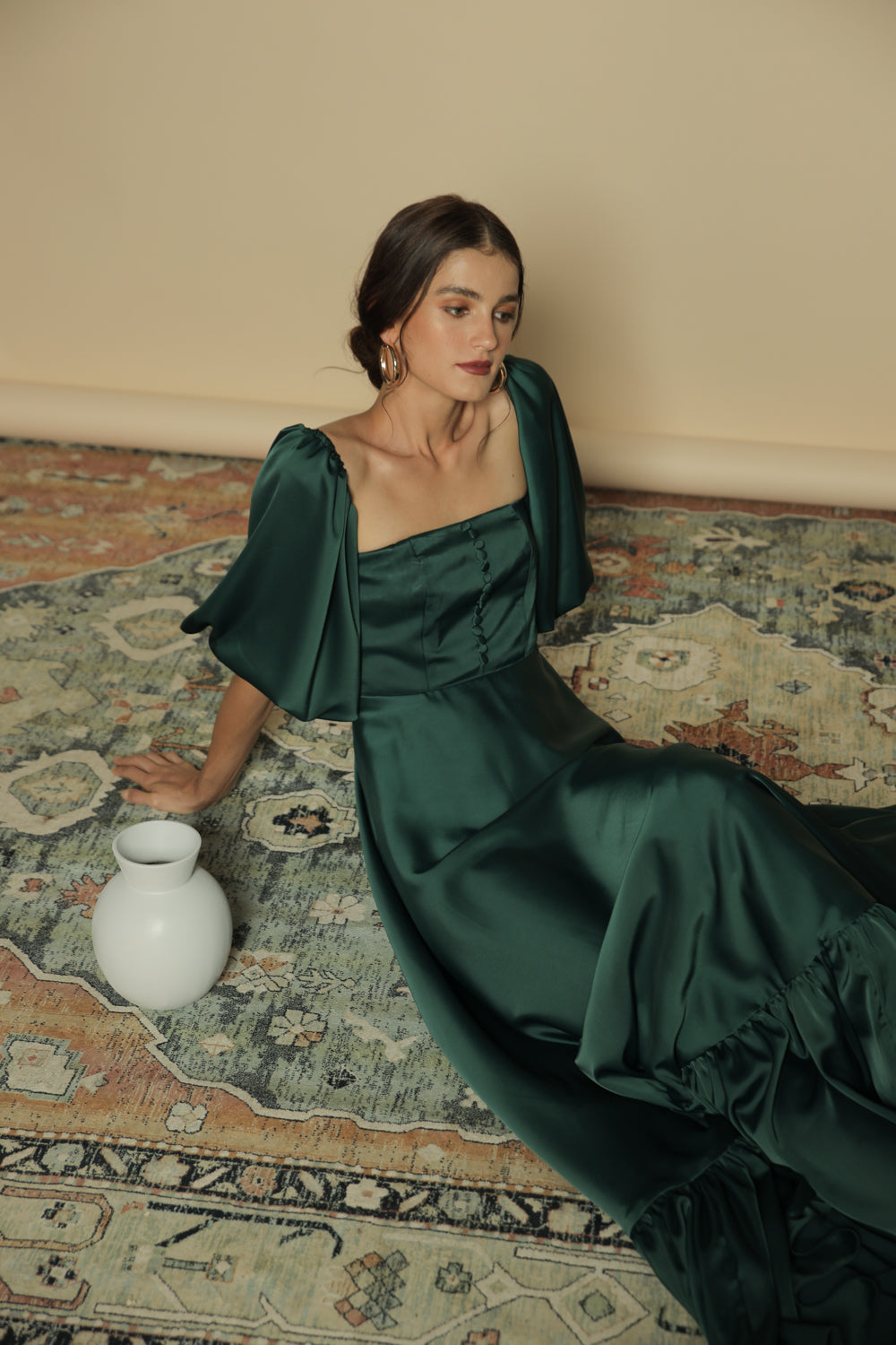 FIRA Two Way Puff Sleeve Maxi Dress with Covered Buttons and Square Neckline Emerald Green Silk