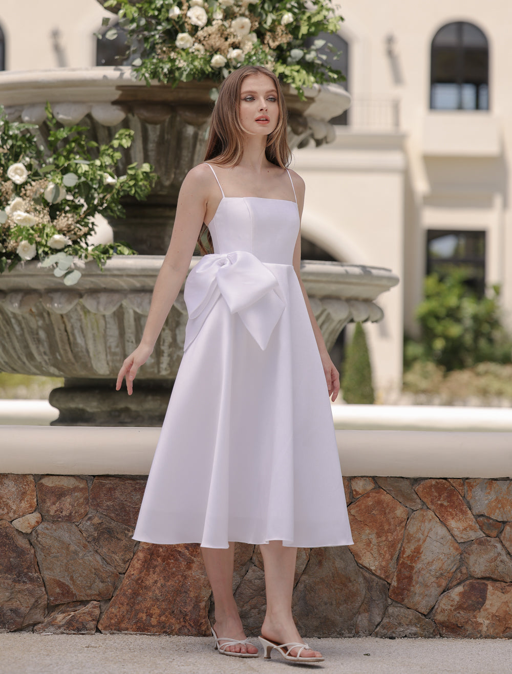 ESTRELLA Srappy Midi Gown with Straight Neckline and Side Bow