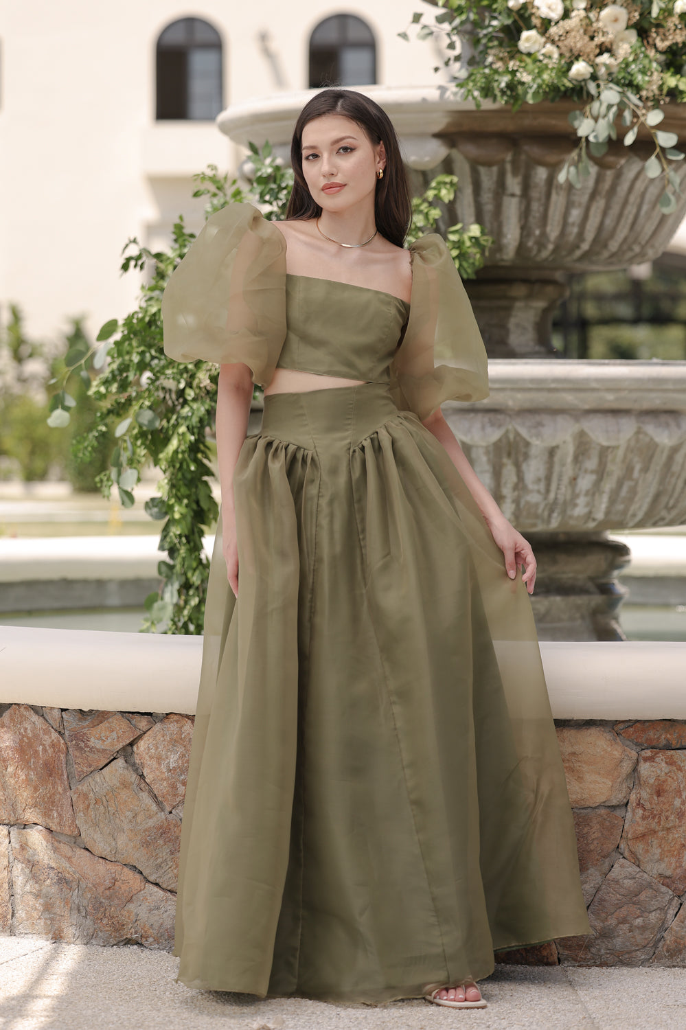 PERLITA SET Puff Sleeve Top with Baroque Style High Waist Maxi Skirt ...