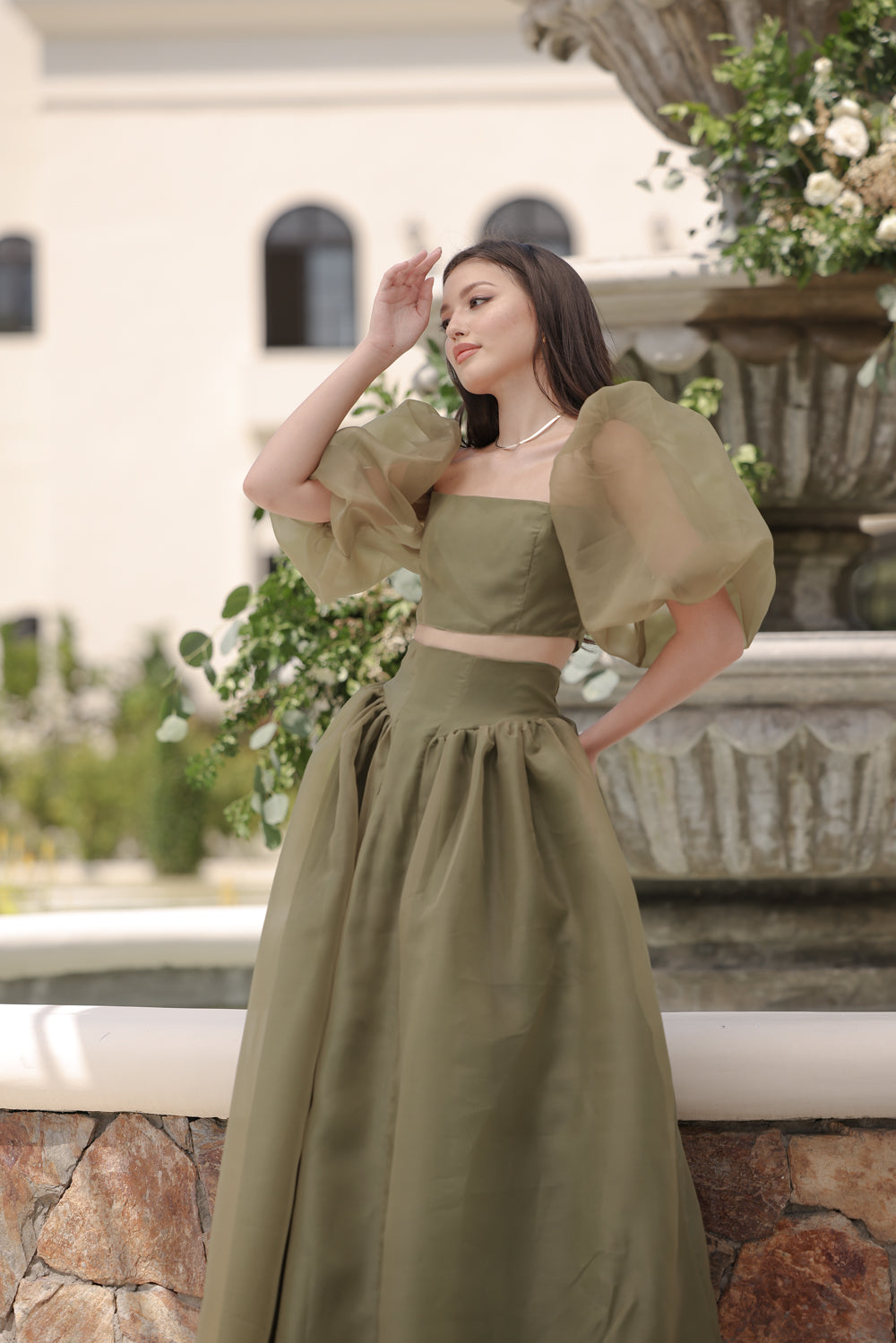 PERLITA SET Puff Sleeve Top with Baroque Style High Waist Maxi Skirt ...