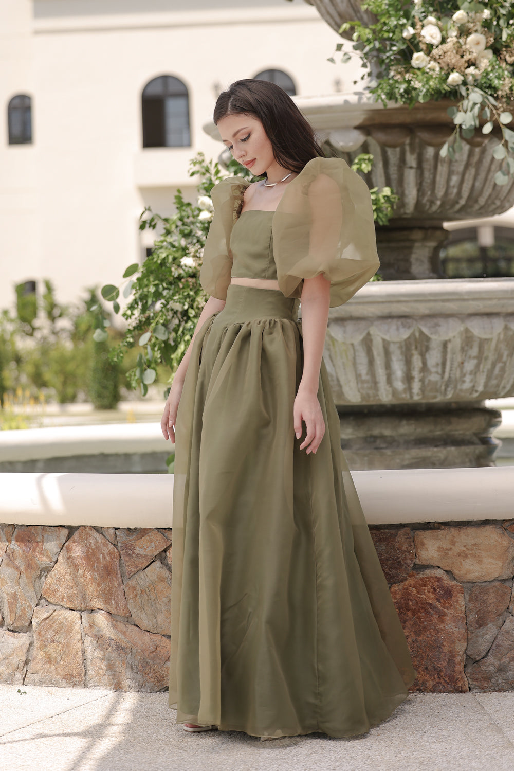 PERLITA SET Puff Sleeve Top with Baroque Style High Waist Maxi Skirt ...