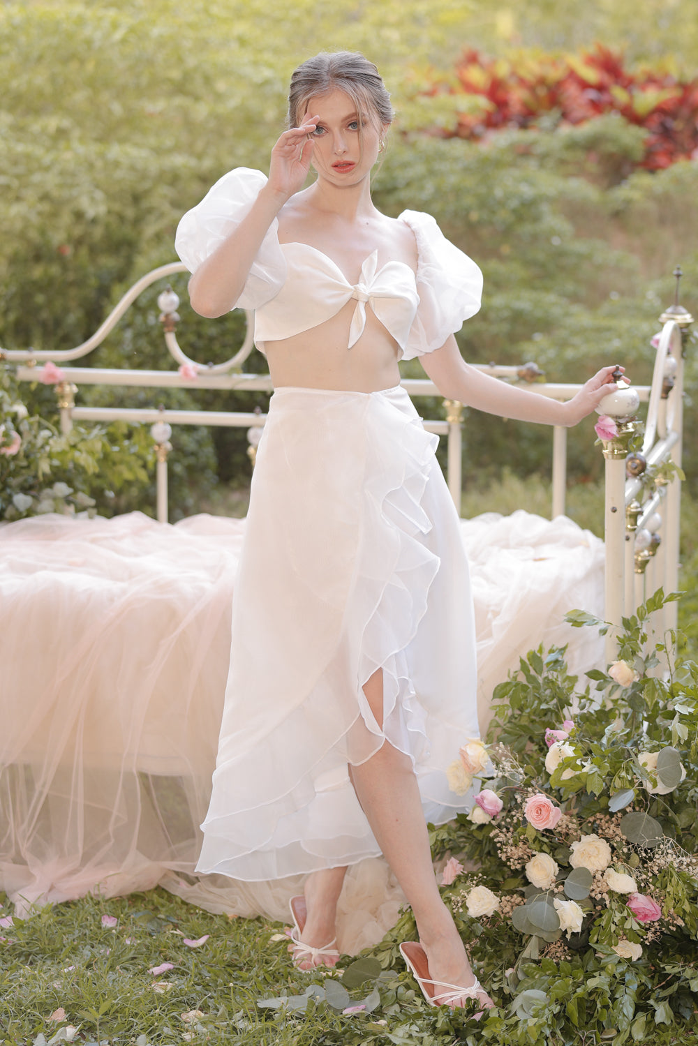 LUPE SET Crop Top with Wrap Ruffled Skirt Ivory White Matte Organdy