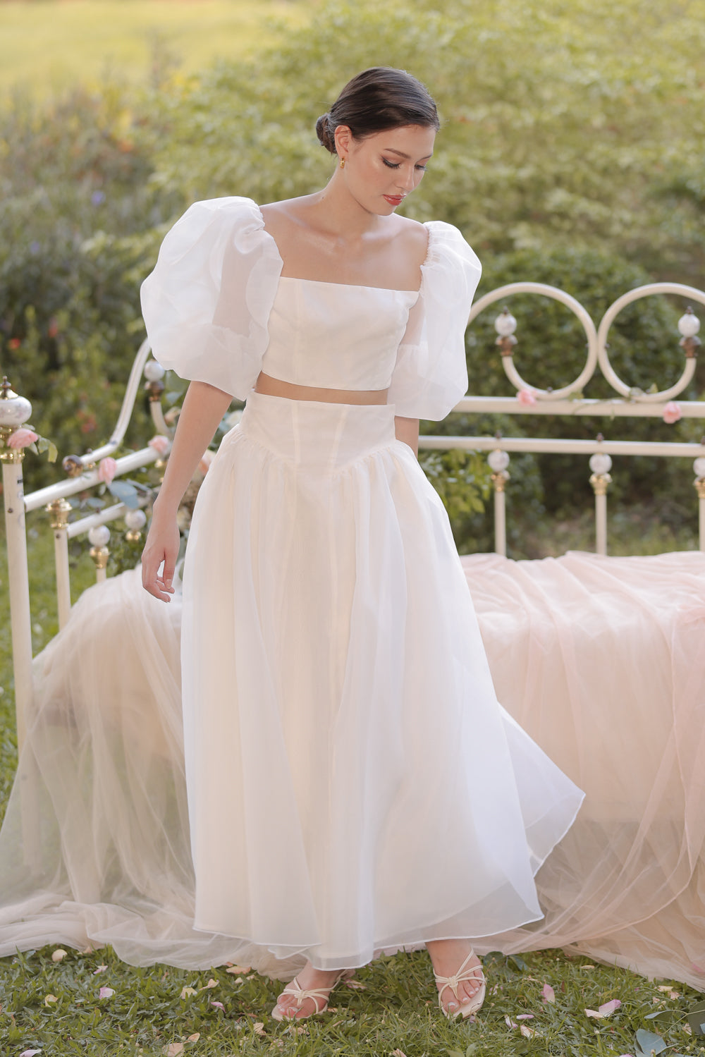 PERLA SET Puff Sleeve Top with Baroque Style High Waist Midi Skirt (Iv ...