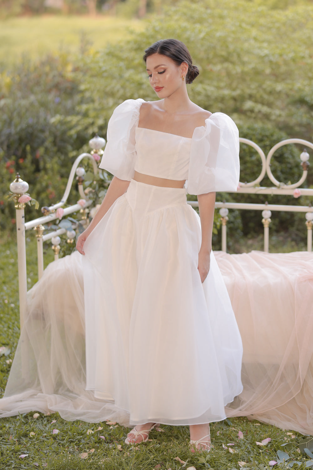 PERLA SET Puff Sleeve Top with Baroque Style High Waist Midi Skirt (Iv ...