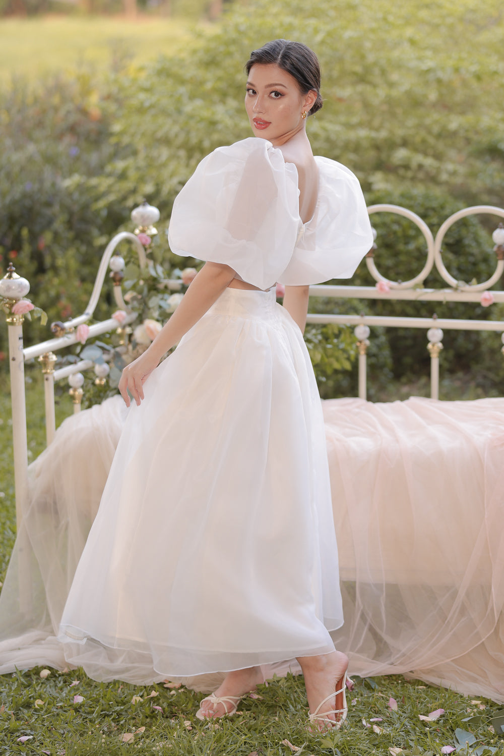 PERLA SET Puff Sleeve Top with Baroque Style High Waist Midi Skirt (Iv ...