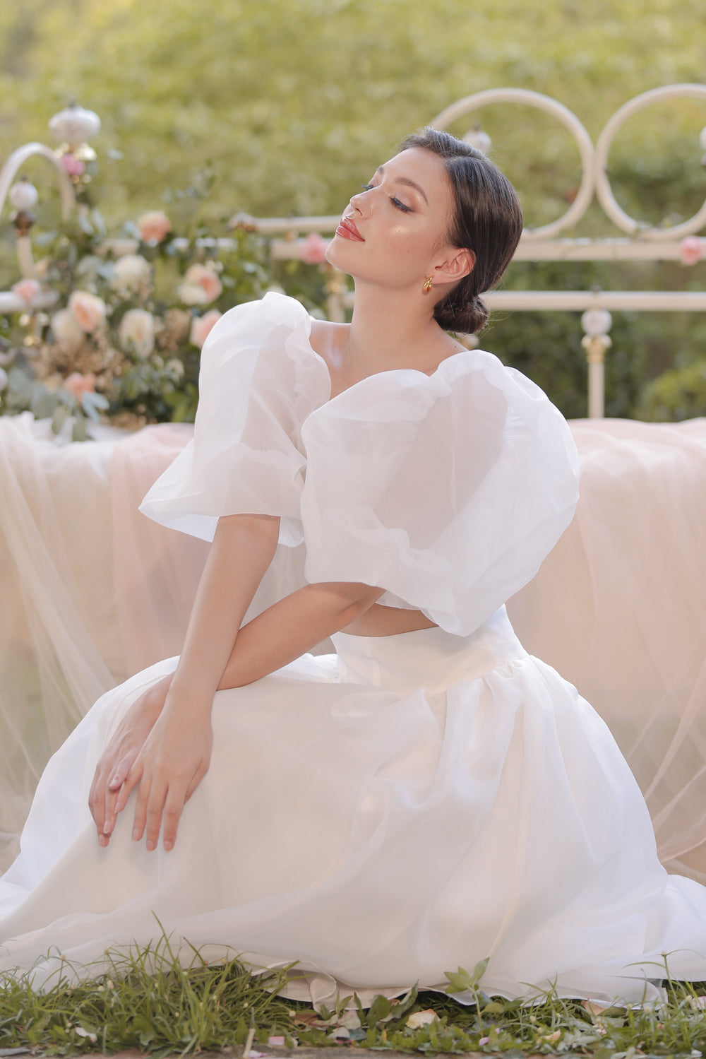 PERLA SET Puff Sleeve Top with Baroque Style High Waist Midi Skirt (Iv ...