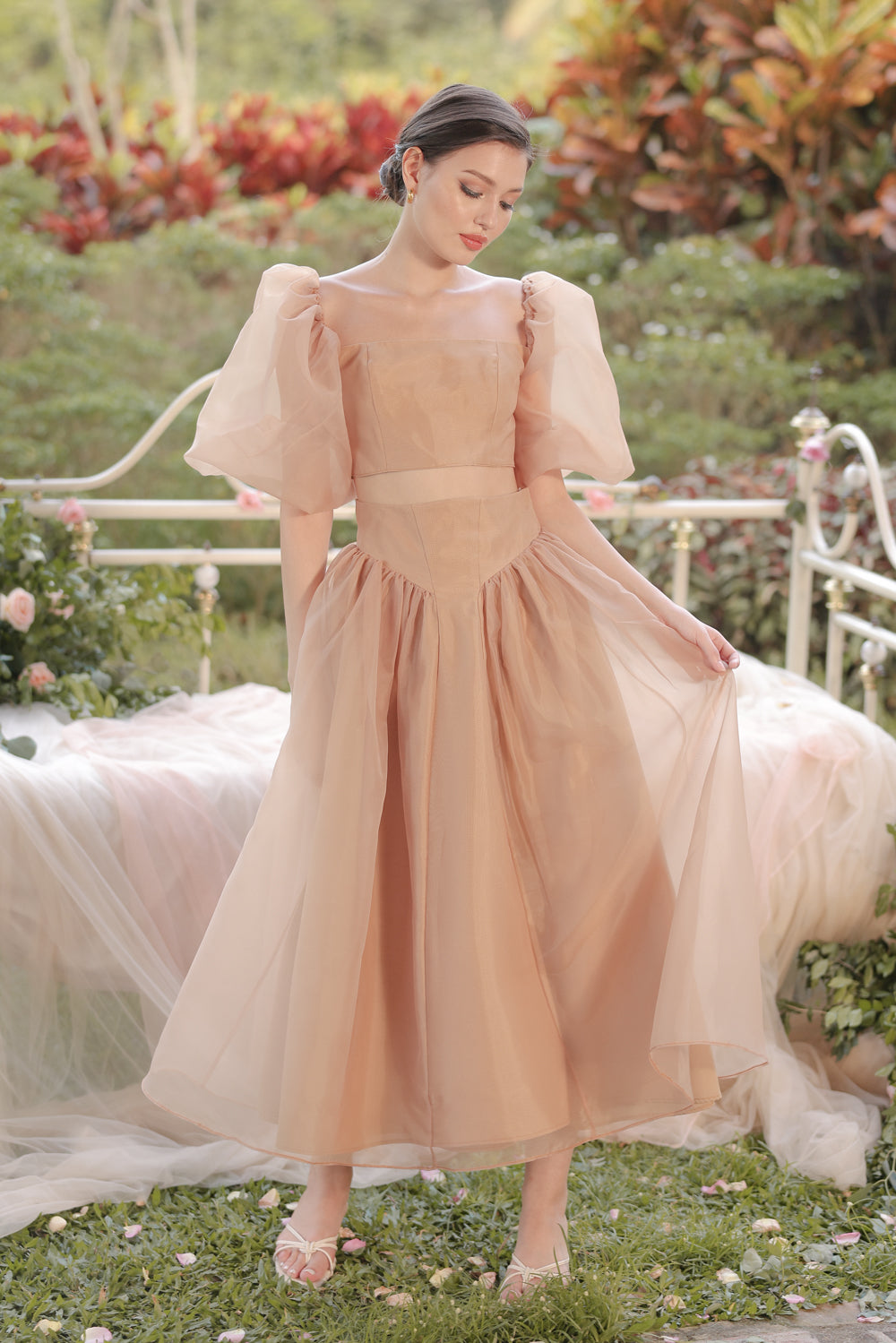 PERLA SET Puff Sleeve Top with Baroque Style High Waist Midi Skirt (Ta ...