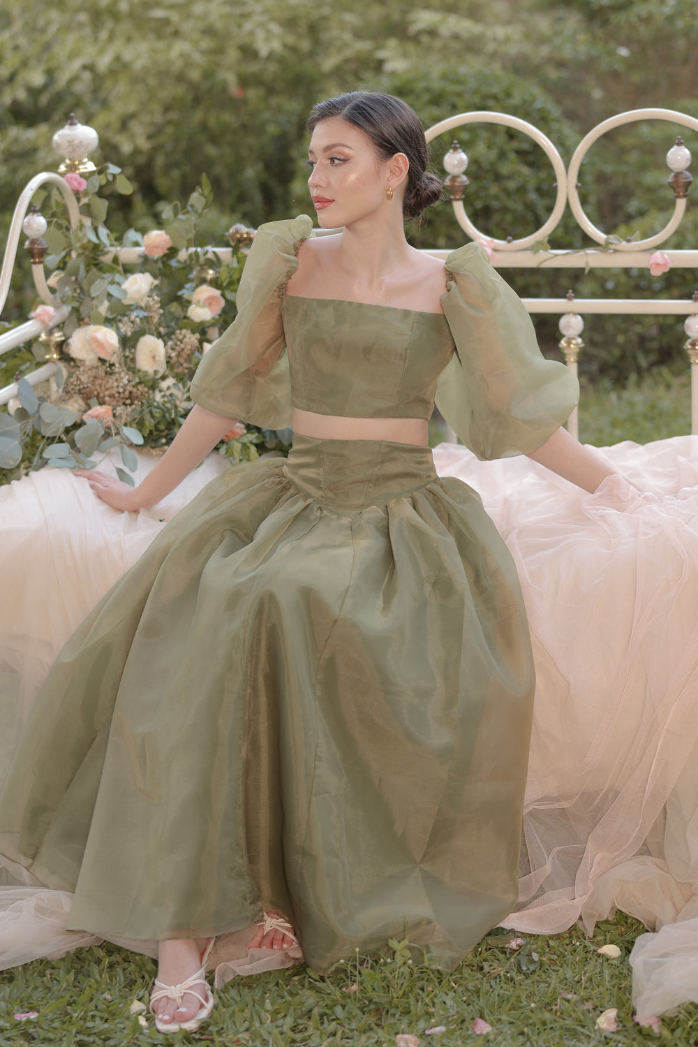 PERLA SET Puff Sleeve Top with Baroque Style High Waist Midi Skirt (Ol ...