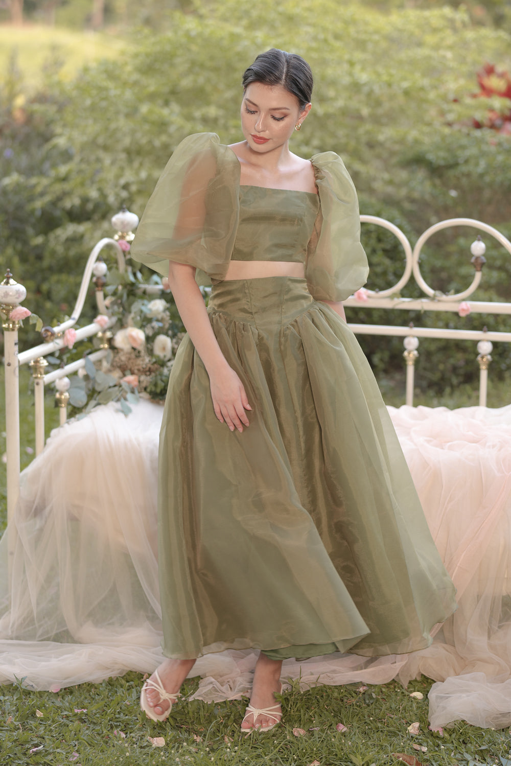 PERLA SET Puff Sleeve Top with Baroque Style High Waist Midi Skirt (Ol ...