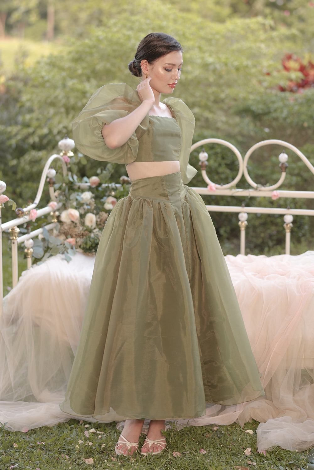 PERLA SET Puff Sleeve Top with Baroque Style High Waist Midi Skirt (Ol ...