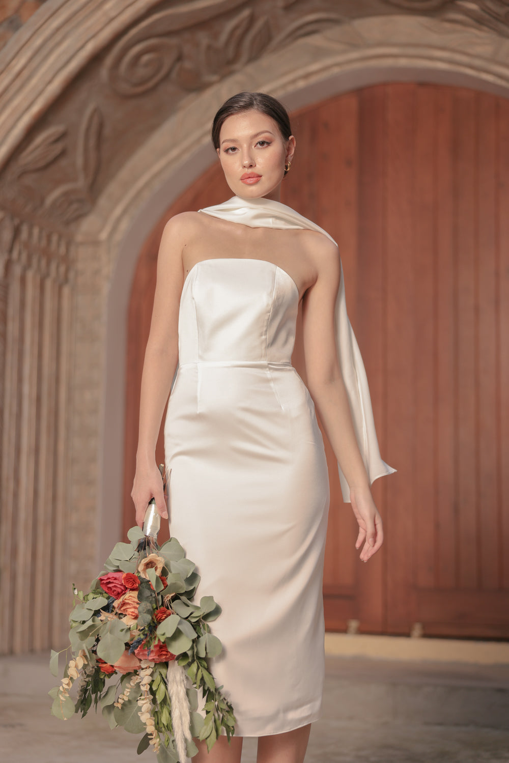 ROMA Strapless Curved Neckline Midi Dress with Silk Scarf Ivory