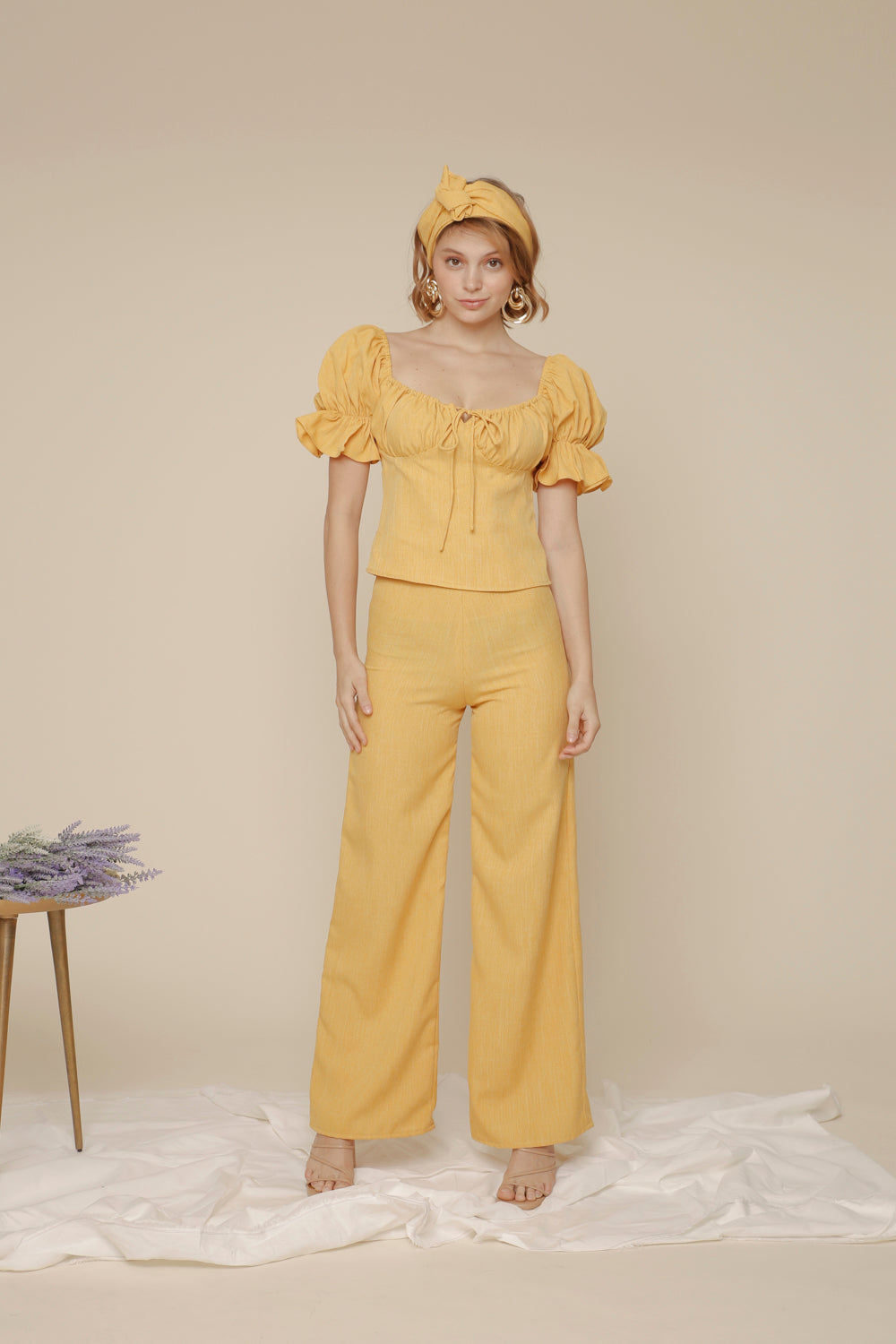 FLOR PANTS SET Puff Sleeve Top with Frill and Drawstring Detail and High Waist Culottes (Yellow Chambray)