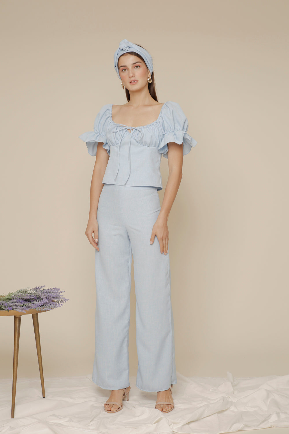 FLOR PANTS SET Puff Sleeve Top with Frill and Drawstring Detail and High Waist Culottes (Light Blue Chambray)